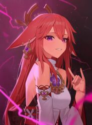 1girl absurdres bare_shoulders breasts commentary detached_sleeves droopy_ears earrings floating_headgear fox_shadow_puppet genshin_impact hair_between_eyes hand_up headgear highres jewelry large_breasts long_hair long_sleeves narut_(gurenarut) nontraditional_miko parted_lips pink_hair purple_eyes smile solo upper_body white_sleeves yae_miko