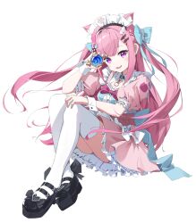 1girl :3 absurdres ahoge animal_ears bandaid bandaid_hair_ornament belt black_choker black_shoes blue_bow bow braid breasts cat_ears cat_girl choker cleavage_cutout clothing_cutout commentary crossed_bandaids dress extra_ears fish_hair_ornament genshin_impact ghost_hair_ornament hair_bow hair_ornament hairclip heart heart_hair_ornament high_heels highres indie_virtual_youtuber long_hair looking_at_viewer maid maid_headdress o-ring o-ring_choker open_mouth paw_print pink_belt pink_bow pink_dress pink_eyes pink_hair pumps shoes short_sleeves simple_background smile solo thighhighs thighs to9643 two_side_up virtual_youtuber vision_(genshin_impact) white_background white_thighhighs white_wrist_cuffs wing_hair_ornament wrist_cuffs yuuki_sakuna