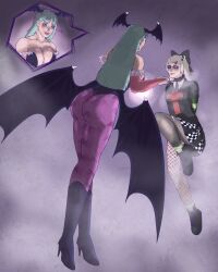 2girls absurdres amysel_jinkusu-p_(vtuber) black_choker bow choker collar commission consent darkstalkers demon_girl green_eyes green_sleeves hair_bow heart highres imminent_penetration indie_virtual_youtuber licking_lips lipstick_mark lipstick_mark_on_face morrigan_aensland multiple_girls nekoba non-web_source pantyhose source_request tongue tongue_out