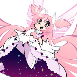 1girl dress gloves hashtag-only_commentary highres kaname_madoka long_hair looking_at_viewer magical_girl mahou_shoujo_madoka_magica mahou_shoujo_madoka_magica:_hangyaku_no_monogatari okitya open_mouth panty_&amp;_stocking_with_garterbelt panty_&amp;_stocking_with_garterbelt_(style) parody pink_hair short_twintails sky solo star_(sky) starry_sky style_parody teeth twintails ultimate_madoka upper_teeth_only very_long_hair white_dress white_gloves