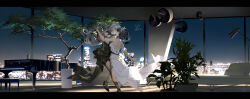 2girls absurdres aged_up apartment bare_legs bare_shoulders black_dress black_footwear black_gloves black_hair black_pantyhose blue_eyes blue_hair bonsai breasts bright_pupils bronya_zaychik bronya_zaychik_(silverwing:_n-ex) city city_lights cleavage closed_mouth couch crossed_bangs dancing dress drill_hair elbow_gloves flower flower_pot gloves grand_piano grey_eyes grey_hair hair_between_eyes hair_flower hair_ornament high_heels highres holding honkai_(series) honkai_impact_3rd instrument jewelry large_breasts long_hair marble_(stone) marble_floor medium_breasts multicolored_hair multiple_girls night pantyhose piano plant ponytail purple-tinted_eyewear ribao seele_vollerei seele_vollerei_(stygian_nymph) short_hair sidelocks sleeveless sleeveless_dress smile tinted_eyewear tree white_dress white_footwear yuri