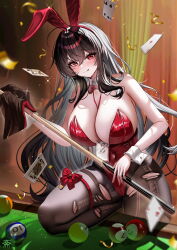 1girl :q absurdres animal_ears azur_lane ball between_breasts billiard_ball black_hair blurry blush bow bowtie breasts card commentary_request confetti covered_navel cue_stick depth_of_field detached_collar fake_animal_ears hair_between_eyes highleg highleg_leotard highres holding_cue_stick huge_breasts joker_(playing_card) leotard long_hair looking_at_viewer official_alternate_costume pantyhose playboy_bunny playing_card pool_table rabbit_ears red_bow red_bowtie red_eyes red_leotard solo strapless strapless_leotard table taihou_(azur_lane) taihou_(fun_on_the_baize)_(azur_lane) tansuan_(ensj3875) tongue tongue_out torn_clothes torn_pantyhose very_long_hair white_wrist_cuffs wrist_cuffs