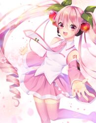 Rule 34 | 1girl, :d, arm tattoo, boots, cherry blossoms, cherry hair ornament, collared shirt, commentary request, dated, detached sleeves, ewokaku335, flower, food-themed hair ornament, hair between eyes, hair flower, hair ornament, hatsune miku, headset, highres, long hair, long sleeves, low drills, nail polish, necktie, number tattoo, open mouth, partial commentary, pink eyes, pink hair, pink nails, pink necktie, pink shoes, pink skirt, pink sleeves, pleated skirt, sakura miku, shirt, shoes, signature, skirt, sleeveless, sleeveless shirt, smile, solo, tattoo, teeth, thigh boots, tie clip, tongue, twintails, upper teeth only, very long hair, vocaloid, white shirt