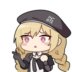 1girl beret black_gloves black_hat black_jacket black_necktie blonde_hair bright_pupils celica_(pgr) chibi chibi_only chinese_commentary commentary_request euyueuy folder gloves hat holding holding_folder jacket long_hair looking_ahead necktie official_art open_clothes open_jacket pointing pointing_forward punishing:_gray_raven red_eyes shirt simple_background single_glove solo triangle_mouth upper_body white_background white_pupils white_shirt