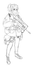 1girl alma01 ammunition_belt ammunition_pouch assault_rifle bullpup canteen famas gloves greyscale gun highres hood hoodie jacket medium_hair monochrome original ponytail pouch rifle shoes simple_background sneakers solo thigh_pouch trigger_discipline weapon white_background