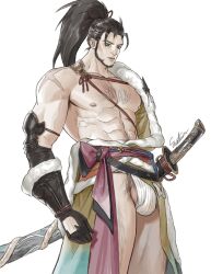 1boy abs alternate_body_hair armpit_hair armpit_hair_peek bara bare_pectorals beard bulge chest_hair clothing_aside facial_hair feet_out_of_frame final_fantasy final_fantasy_xiv gloves hadanugi_dousa hairy hien_rijin high_ponytail highres japanese_clothes kimono large_pectorals leg_hair loincloth loincloth_aside long_hair looking_at_viewer male_focus mature_male muscular muscular_male navel_hair nipples open_clothes open_kimono pectorals ponytail samurai saturn_(satscarlet) sheath sheathed solo standing stomach testicle_peek testicles thick_thighs thighs