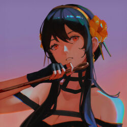 1girl bare_shoulders black_dress black_gloves black_hair breasts cleavage commentary dagger dress fingerless_gloves flower gloves gold_hairband gradient_background hair_flower hair_ornament hairband highres holding holding_weapon knife large_breasts parted_lips purple_background red_eyes reverse_grip ritsu37 sidelocks solo spy_x_family stiletto_(weapon) teeth upper_body weapon yellow_flower yor_briar