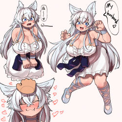 1girl :3 animal_ear_fluff animal_ears arm_support bad_tag blue_eyes blue_footwear blush breasts claw_pose cleavage close-up closed_eyes closed_mouth collarbone commentary crossed_bangs dress drooling english_commentary english_text fenrys full_body hair_between_eyes headpat heart heart_background highres huge_breasts kagarimachi_konatsu kneeling knees_together_feet_apart leaning_forward long_hair looking_at_viewer lv2_kara_cheat_datta_moto_yuusha_kouho_no_mattari_isekai_life mixed-language_commentary multiple_views o-ring open_mouth plump simple_background skirt sleeveless sleeveless_dress speech_bubble spoon standing standing_on_one_leg thick_thighs thighs white_dress