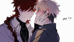 Rule 34 | 2boys, black hair, black shirt, blonde hair, blue jacket, blurry, blush, braid, chinese commentary, chinese knot, closed mouth, collared shirt, dated, earrings, eye contact, face-to-face, hand on another&#039;s cheek, hand on another&#039;s face, huachajiangqwq, imminent kiss, jacket, jewelry, long hair, long sleeves, looking at another, male focus, multicolored hair, multiple boys, necklace, orange eyes, red eyes, red hair, shiguang dailiren, shirt, short hair, simple background, single braid, smile, turtleneck, two-tone hair, upper body, white background, white shirt, xia fei, xiao weiying, yaoi