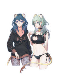 1girl alternate_costume alternate_hair_color animal_ears bell black_bra black_panties blue_eyes blue_hair bra breasts cat_cutout cat_ear_panties cat_lingerie cleavage_cutout closed_mouth clothing_cutout clovisxvii collar commentary_request female_byleth_(enlightened)_(fire_emblem) female_byleth_(fire_emblem) fire_emblem fire_emblem:_three_houses green_eyes green_hair highres hood hood_down large_breasts lion_ears lion_tail medium_hair meme_attire multiple_views navel neck_bell nintendo panties pantyhose simple_background smile sweater tail turtleneck turtleneck_sweater underwear white_background