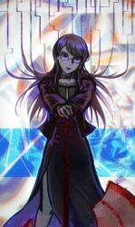 1girl axe black_dress black_jacket collar collarbone dress ear_piercing earrings female_focus glasses holding holding_axe holding_weapon jacket jewelry long_hair long_sleeves looking_at_viewer piercing purple_hair red_eyes shizuhara_hiruko simple_background solo solo_focus standing the_hundred_line_-last_defense_academy- weapon
