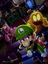 1boy behind_another blue_eyes brown_hair candlestand chandelier door facial_hair foyer ghost hat highres indoors luigi luigi&#039;s_mansion mansion mario_(series) mustache nintendo open_mouth overalls poltergust_3000 raised_eyebrows short_hair stairs sweatdrop window yuuma_rimi