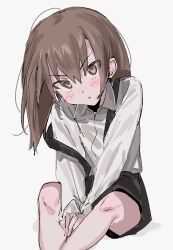 1girl alternate_costume aogisa between_legs black_shorts blush brown_eyes brown_hair commentary_request grey_background hair_between_eyes hand_between_legs highres kantai_collection long_sleeves looking_at_viewer medium_hair off_shoulder parted_lips shirt shorts simple_background sitting solo suspender_shorts suspenders taihou_(kancolle) white_shirt