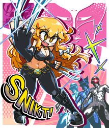 1girl 3boys amerika_zarigani black_footwear black_gloves black_hair black_pants black_sports_bra blonde_hair blush boots bow breasts commentary_request cookie_(touhou) cyclops_senpai elbow_gloves fingerless_gloves full_body glint gloves goggles hair_between_eyes hair_bow highres kirisame_marisa large_breasts long_hair manatsu_no_yo_no_inmu marvel midriff multiple_boys navel open_mouth outline pants pink_background sharp_teeth smile solo_focus sports_bra standing sugar_(cookie) teeth touhou upper_teeth_only v-shaped_eyebrows white_bow white_outline wolverine_(x-men) x-men