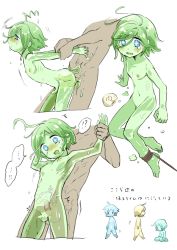 +_+ 2boys ahoge anal arm_held_back blue_eyes blush cum cum_in_ass doggystyle goo_boy green_hair hituka_notukimiko male_focus male_penetrated monster_boy multiple_boys navel nipples nude open_mouth original penis restrained ribs sex sex_from_behind short_hair shota simple_background slime_boy symbol-shaped_pupils testicles transparent white_background yaoi