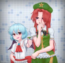 Rule 34 | 2girls, absurdres, bat wings, bathroom, blue hair, blush, brushing teeth, drakosha (toothpaste), grummsed, highres, hong meiling, multiple girls, red eyes, remilia scarlet, tile wall, tiles, toothbrush, toothpaste, touhou, wings