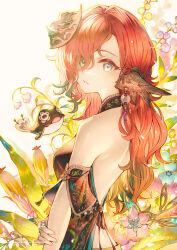 Rule 34 | 1girl, animal, animal ears, artist name, bare shoulders, berry, blue eyes, breasts, earclip, earrings, flower, gradient hair, halterneck, highres, jewelry, looking at viewer, multicolored hair, nail polish, original, red hair, sho (sumika), small breasts, solo, watermark