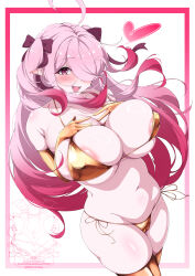1girl :d ahoge areola_slip asymmetrical_bangs belly bikini border breast_suppress breasts breasts_squeezed_together cameltoe covered_erect_nipples cowboy_shot elbow_gloves fangs gloves gold_bikini gold_gloves gold_thighhighs gradient_hair groin hair_over_one_eye hair_ribbon hands_on_own_chest highres huge_ahoge huge_nipples large_areolae large_breasts long_bangs long_hair looking_at_viewer multicolored_hair namamii navel open_mouth original parted_hair pink_border pink_hair plum pointy_ears red_hair ribbon side-tie_bikini_bottom slit_pupils smile solo swimsuit thighhighs thong_bikini two_side_up very_long_hair watermark