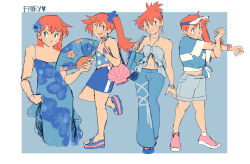 absurdres aged_up bag blue_dress blue_eyes blue_shirt blue_shorts crop_top dress earrings fairybees floral_print flower folding_fan hair_flower hair_ornament hand_fan high_ponytail highres holding holding_fan jewelry misty_(pokemon) nintendo orange_hair pokemon pokemon_(anime) pokemon_(classic_anime) ponytail sandals shirt shorts shoulder_bag side_ponytail single_earring sportswear tied_shirt