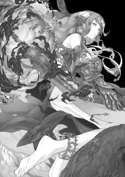 1girl anklet arm_armor armored_gloves ass barefoot bubble choker crying crying_with_eyes_open dress earrings energy fins head_fins highres jewelry kidy_(kidy_siow) looking_to_the_side monochrome ningyo_hime_(sinoalice) sad sidelocks simple_background sinoalice solo sword tears twintails water weapon
