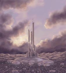 antennae building choedan-kal choujikuu_kidan_southern_cross cityscape cloud commentary desert dome dusk english_commentary highway light_rays military_base mountain mountainous_horizon oil_painting_(medium) painting_(medium) planet_glorie realistic road robotech science_fiction sketch southern_cross sunbeam sunlight tower traditional_media