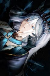 1girl absurdres black_background black_gloves blue_eyes closed_mouth commentary_request crown fate/grand_order fate_(series) gloves grey_hair hair_between_eyes highres long_hair looking_at_viewer morgan_le_fay_(fate) morgan_le_fay_(queen_of_winter)_(fate) signature simple_background solo sow_graden429 spikes veil very_long_hair