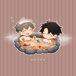 2boys alcohol black_hair bottle chibi chibi_only cup drunk fate/grand_order fate_(series) grey_hair hagiography highres hijikata_toshizou_(fate) male_focus multiple_boys onsen saitou_hajime_(fate) sakazuki sake sake_bottle same-sex_bathing shared_bathing steam striped_background towel towel_on_head