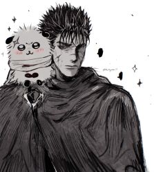 Rule 34 | 1boy, :3, absurdres, berserk, blush, cape, chiikawa, closed mouth, commentary, creature, creature on shoulder, crossover, english commentary, fluffy, fluffysaimai ii, guts (berserk), highres, male focus, on shoulder, otter, rakko (chiikawa), scar, scar on face, scarf, short hair, sparkle, spiked hair, standing, twitter username, white background