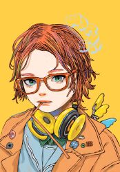 Rule 34 | 1girl, badge, button badge, drinking straw, drinking straw in mouth, glasses, green eyes, headphones, headphones around neck, highres, jacket, junjunforever, looking to the side, mechanical wings, mismatched eyebrows, mouth hold, multicolored hair, open clothes, open jacket, orange hair, orange jacket, original, parted bangs, parted lips, patch, portrait, sailor collar, short hair, solo, wavy hair, wings, yellow background