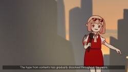 Rule 34 | 1girl, blonde hair, collared shirt, commentary, english text, eyewear on head, flandre scarlet, fourth wall, highres, holding, holding microphone, microphone, one side up, pointy ears, puffy short sleeves, puffy sleeves, red eyes, red skirt, red vest, shirt, short hair, short sleeves, skirt, stage, symbol-only commentary, touhou, vest, white shirt, wings, yoruny