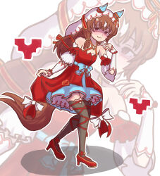 1girl absurdres blush breasts brown_hair commentary_request detached_sleeves full_body hair_between_eyes hair_ornament highres horse_girl long_hair looking_at_viewer red_eyes ribbon shaded_face shoes small_breasts smile solo standing still_in_love_(umamusume) thighhighs umamusume veil white_background wu_shu_liang_cheng yandere