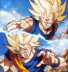 2boys battle blonde_hair blood blood_from_mouth blood_on_face blue_bodysuit blue_shirt bodysuit clenched_hands dougi dragon_ball dragonball_z facial_mark fighting_stance forehead_mark highres majin_vegeta medium_hair multiple_boys muscular muscular_male orange_shirt outdoors renatt_(rntt_o) shirt son_goku spiked_hair super_saiyan super_saiyan_2 upper_body vegeta veins