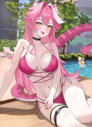 Rule 34 | 3girls, absurdres, animal ears, bikini, blush, breasts, cecilia immergreen, day, diizy, gigi murin, hair intakes, halterneck, highres, hololive, hololive english, large breasts, long hair, looking at viewer, multiple girls, navel, open mouth, outdoors, panther ears, panther girl, panther tail, pink bikini, pink hair, pool, raora panthera, side-tie bikini bottom, sitting, smile, solo focus, stomach, string bikini, swimsuit, tail, teeth, thigh strap, thighs, upper teeth only, virtual youtuber, yellow eyes