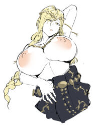 1girl armlet black_dress blonde_hair braid breasts circlet closed_mouth commentary_request dress elden_ring fujou_joshi gold_armlet gold_belt gold_circlet gold_diadem jewelry large_breasts lips long_hair looking_at_viewer metal_belt necklace nipples queen_marika_the_eternal simple_background sketch slit_pupils solo white_background yellow_eyes