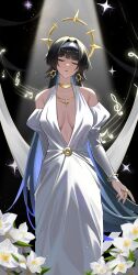 1girl absurdres alternate_costume alternate_hair_color astra_yao bare_shoulders black_hair blue_hair blunt_bangs breasts center_opening chinese_commentary closed_eyes collarbone colored_inner_hair commentary_request detached_sleeves dress earrings floating_hair flower gold_earrings gold_necklace gold_ring guhuabingwu hair_intakes hairband halo head_tilt highres jewelry juliet_sleeves large_breasts light_particles long_hair long_sleeves multicolored_hair musical_note necklace nightgown open_mouth puffy_sleeves sleeveless sleeveless_dress solo spotlight two-tone_hair very_long_hair white_dress white_flower white_hairband yellow_halo zenless_zone_zero