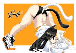 1girl absurdres animal_ears artist_name ass back bare_legs black_hair black_panties black_sneakers cat_ears cat_girl cat_tail closed_mouth clothes_lift eyebrows eyelashes female_focus full_body genderswap genderswap_(mtf) highres hood hoodie hoodie_lift jack-o&#039;_challenge long_hair long_sleeves looking_at_viewer lp_kuroneko multicolored_hair multicolored_sneakers multiple_tails nekomata orange_background orange_sneakers original panties serious shoes simple_background sneakers solo split-color_hair tail tiptoes toned toned_female two-tone_background two-tone_hair underwear white_background white_hair white_hoodie white_sneakers yellow_eyes