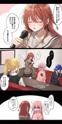 3koma 4girls blue_hair bocchi_the_rock! comic gotoh_hitori ijichi_nijika japanese_text kita_ikuyo microphone multiple_girls music pink_hair rk_g1x singing sitting yamada_ryo