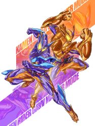 Rule 34 | 2boys, absurdres, armor, clenched hands, dual persona, full body, glowing, glowing eyes, gochipod, helmet, henshin belt gavv, highres, kamen rider, kamen rider gavv, kamen rider gavv (series), kamen rider gavv master mode, kamen rider gavv over mode, li li li li jun, looking at viewer, male focus, multiple boys, orange armor, power fist, purple armor, tokusatsu, yellow eyes