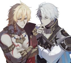 Rule 34 | 2boys, antenna hair, arm tattoo, armlet, armor, black choker, black coat, black shirt, blonde hair, blue cape, blue eyes, braid, cape, chest tattoo, choker, coat, crossed arms, facial tattoo, gold necklace, gradient hair, hair between eyes, hashtag-only commentary, highres, honkai: star rail, honkai (series), jewelry, male focus, medium hair, multicolored hair, multiple boys, mydei (honkai: star rail), neck tattoo, necklace, open clothes, open coat, p58gmmwt4, parted bangs, pauldrons, phainon (honkai: star rail), red hair, red tattoo, shirt, short hair, shoulder armor, side braid, simple background, single pauldron, sun symbol, sun tattoo, tan, tattoo, toned, toned male, white background, white coat, white hair, yellow eyes