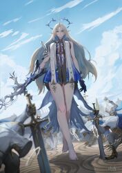 1girl bare_legs bare_shoulders barefoot black_dress blonde_hair blue_hair blue_sky breasts chucky_(chucky1000sun) commentary commentary_request crown_of_thorns day dress english_commentary fleurdelys_(wuthering_waves) holding holding_sword holding_weapon horns large_breasts legs long_hair long_horns mixed-language_commentary multiple_others outdoors signature single_horn sky sword tabard tacet_discord_(wuthering_waves) tacet_mark_(wuthering_waves) thighs very_long_hair weapon white_tabard wuthering_waves yellow_horns