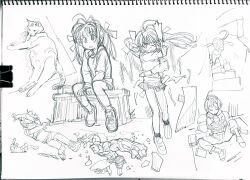 1girl ahoge animal cat hair_ribbon highres kawiochi long_hair monochrome original ribbon school_uniform shoes sketch