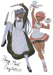 2girls absurdres ahoge apron bike_shorts black_dress black_shoes bow bowtie brown_eyes cake cup dark-skinned_female dark_skin detached_collar dress english_text fang food garter_straps highres holding holding_knife holding_plate huge_ahoge juliet_sleeves knife long_hair long_sleeves maid maid_apron maid_day maid_headdress multiple_girls open_mouth original pink_bow pink_bowtie pink_dress pink_hair plate puffy_short_sleeves puffy_sleeves purple_hair red_eyes roller_skates shoes short_hair short_sleeves skates smile spilling strawberry_shortcake strawberryjamm teacup teapot thighhighs twintails white_apron white_background white_thighhighs wrist_cuffs