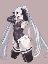 Rule 34 | 1girl, 9is, abigail williams (fate), abigail williams (third ascension) (fate), absurdres, armpits, arms up, black one-piece swimsuit, black ribbon, black thighhighs, blush, bow, bowtie, breasts, brown background, casual one-piece swimsuit, commentary request, cosplay, dead or alive, dead or alive 5, dead or alive xtreme, elbow gloves, fate/grand order, fate (series), frilled one-piece swimsuit, frilled thighhighs, frills, from side, gloves, grey hair, grin, hair ornament, hair ribbon, highres, keyhole, long hair, looking at viewer, marie rose, marie rose (cosplay), marie rose (devilish servant against the splashing waves), one-piece swimsuit, pale skin, parted bangs, red bow, red bowtie, red eyes, ribbon, shiny clothes, simple background, sketch, small breasts, smile, solo, swimsuit, thighhighs, twintails, very long hair, x hair ornament