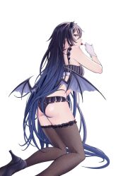 1girl ass black_bra black_panties black_shoes bra candy food frilled_bra frills from_behind gloves gradient_hair hair_between_eyes hairband high_heels highres holding holding_candy holding_food holding_lollipop ichinose_uruha ichinose_uruha_(birthday_2023) lingerie lolita_hairband lollipop lollipop_in_mouth long_hair looking_at_viewer low_wings lupinus_virtual_games microskirt multicolored_hair panties purple_eyes shoes simple_background skirt small_horns solo striped_bra striped_clothes thighhighs underwear uwanosora000 very_long_hair virtual_youtuber vspo! white_background white_gloves wings