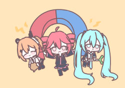 3girls a.i._voice absurdly_long_hair absurdres adachi_rei android aqua_hair aqua_necktie black_boots black_shirt black_skirt black_sleeves boots chibi chibi_only chicken_(food) closed_eyes closed_mouth cott_(cott_5) drill_hair food fried_chicken hatsune_miku highres holding holding_food holding_spring_onion holding_vegetable kasane_teto long_hair magnet multiple_girls necktie one_side_up orange_hair red_hair shirt simple_background skirt smile spring_onion twin_drills twintails utau vegetable very_long_hair vocaloid yellow_background
