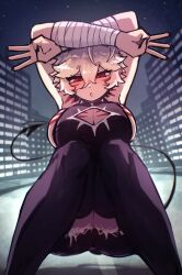 1girl absurdres bad_tag bandaged_arm bandages black_hair black_shorts black_thighhighs blaire_rune blairevt body_markings breasts cat_shadow_puppet_(meme) city cityscape cleavage cleavage_cutout clothing_cutout collar demon_tail denim denim_shorts from_below highres indie_virtual_youtuber large_breasts meme nail_polish narrowed_eyes night open_mouth pov red_eyes road short_hair shorts sideboob solo solo_focus spiked_collar spikes squatting street tail thighhighs virtual_youtuber white_hair zettai_ryouiki