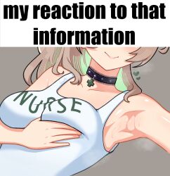 1girl absurdres armpits breasts brown_hair closed_mouth english_text ginotty grabbing_own_breast green_hair highres indie_virtual_youtuber lace-trimmed_collar lace_trim large_breasts meme multicolored_hair my_reaction_to_that_information_(meme) nimi_nightmare smile solo sweat tank_top two-tone_hair virtual_youtuber white_tank_top