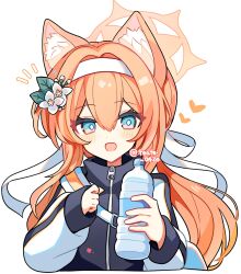 1girl :d animal_ear_fluff animal_ears black_jacket blue_archive blue_eyes blush bottle cat_ears cat_girl commentary cropped_torso dot_nose flower hair_between_eyes hair_flower hair_ornament hair_ribbon hairband halo heart highres holding holding_bottle jacket long_hair long_sleeves looking_at_viewer mari_(blue_archive) mari_(track)_(blue_archive) official_alternate_costume open_mouth orange_hair orange_halo ribbon shirocha_tei simple_background smile solo track_jacket twitter_username water_bottle white_background white_flower white_hairband white_ribbon zipper