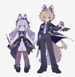 1boy 1girl :&lt; animal_ear_piercing animal_ears black_hairband black_jacket black_pants black_shoes blonde_hair brown_hair collared_shirt fox_ears fox_tail full_body furrification furry furry_female furry_male hairband heterochromia highres holding holding_umbrella hugo_vlad jacket long_hair necktie nodori710 pants pantyhose ponytail purple_fur purple_hair purple_shirt red_eyes shirt shoes simple_background smile tail umbrella vivian_banshee waving white_background white_necktie yellow_fur zenless_zone_zero