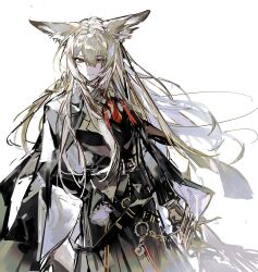 1girl absurdres animal_ears arknights belt blonde_hair braid formal_clothes fox_ears fox_girl highres holding holding_sword holding_weapon long_hair necktie remsrar single_braid smile solo suit sword vulpisfoglia weapon white_background